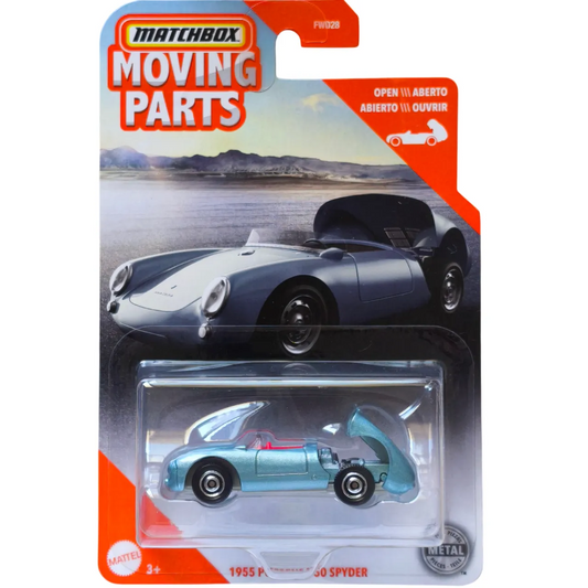 Matchbox 1:64 scale Moving Parts die-cast model of the 1955 Porsche 550 Spyder with functional openings.
