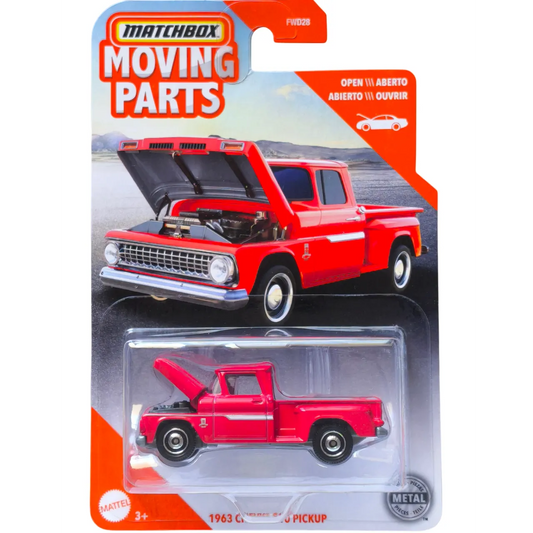 Matchbox 1:64 scale 1963 Chevrolet C10 Pickup from the Moving Parts series featuring opening hood and vintage red finish.