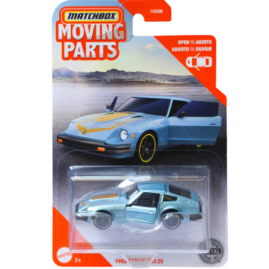 Matchbox 1982 Datsun 280 ZX die-cast car in metallic blue from the Moving Parts series with opening doors and vintage styling.