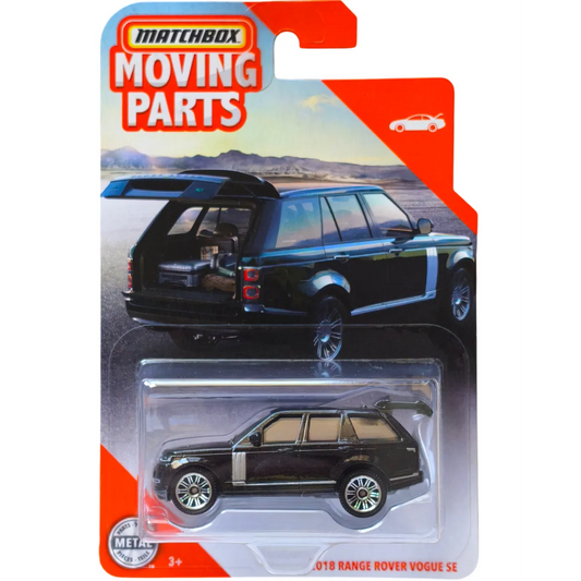 Matchbox 1:64 scale Moving Parts die-cast model of the 2018 Range Rover Vogue SE with opening rear hatch.