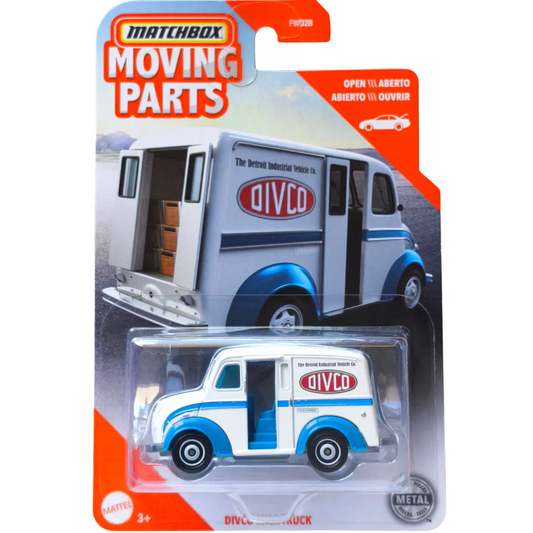 Matchbox 1:64 scale Moving Parts die-cast model of the Divco Milk Truck with opening cargo doors.