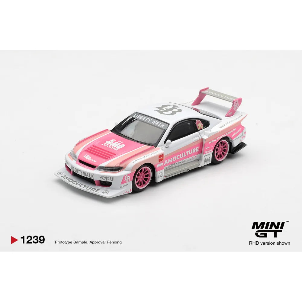 Mini GT 1:64 Nissan Silvia S15 LB-Super Silhouette AMOCULTURE 2026 pink and white Liberty Walk diecast model MGT01239-R