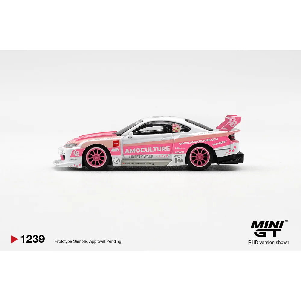 Mini GT 1:64 Nissan Silvia S15 LB-Super Silhouette AMOCULTURE 2026 pink and white Liberty Walk diecast model MGT01239-R