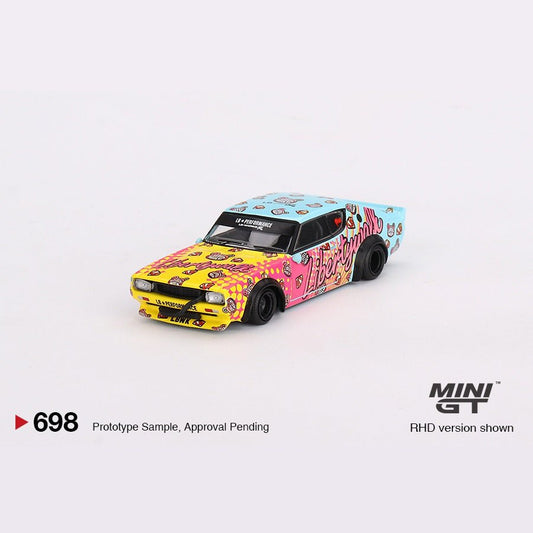 MINI GT 1:64 scale die-cast model of Nissan Skyline Kenmeri Liberty Walk Bi-Color 1973 with widebody design