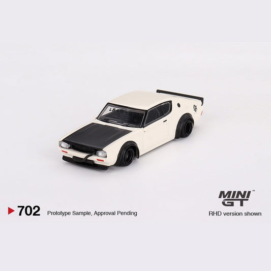 MINI GT 1:64 scale die-cast model of Nissan Skyline Kenmeri Liberty Walk White 1973 edition