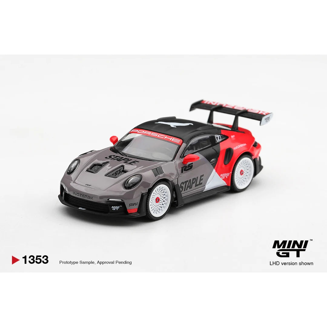 Mini GT Porsche 911 GT3 RS STAPLE x INOZETEK 1:64 diecast model front three-quarter view MGT01353-L