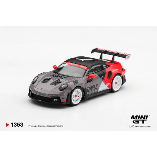 Mini GT Porsche 911 GT3 RS STAPLE x INOZETEK 1:64 diecast model front three-quarter view MGT01353-L