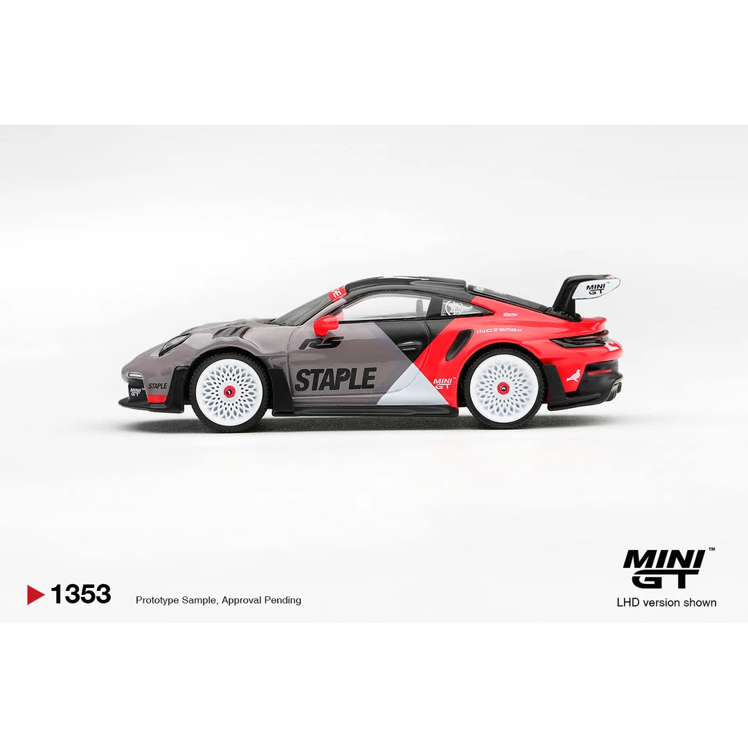 Mini GT Porsche 911 GT3 RS STAPLE x INOZETEK grey red and black 1:64 diecast side view MGT01353-L