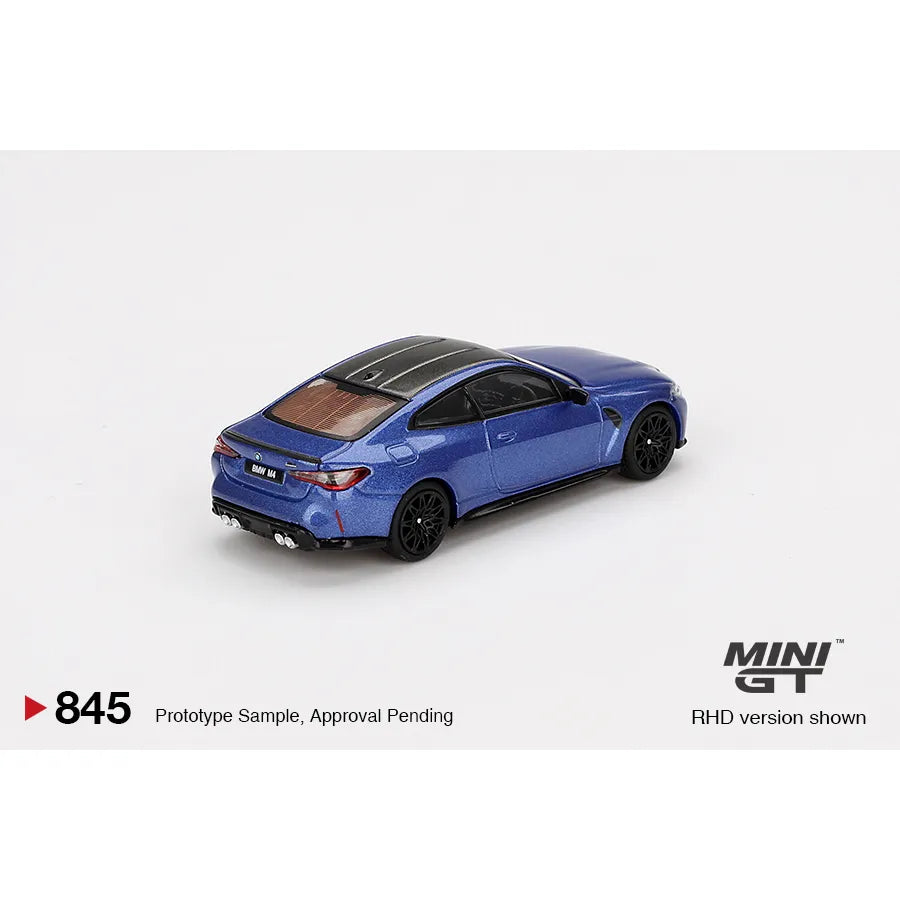MiniGT 1:64 scale die-cast model of BMW M4 Competition (G82) in Portimao Blue with detailed features