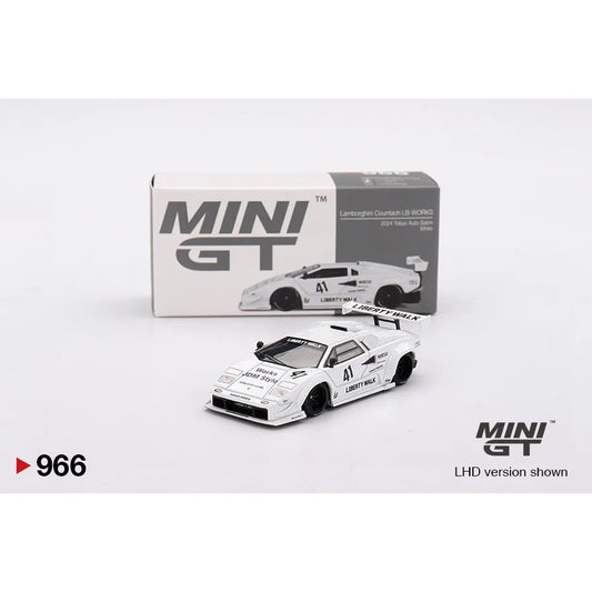 MINIGT 1:64 scale Lamborghini Countach LB-WORKS in white, as featured at Tokyo Auto Salon 2024 – MGT00966.