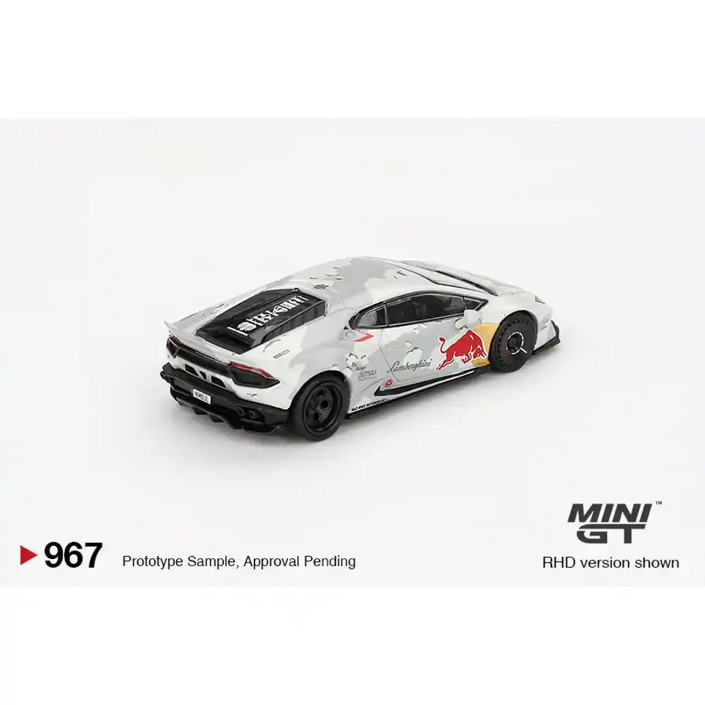 MiniGT 1:64 Lamborghini Huracan LB★WORKS Ver. 2 “Mad Mike” NIMBUL die-cast model with Red Bull and Liberty Walk livery.