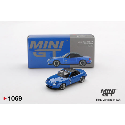 MiniGT 1:64 scale die-cast model of the Mazda Miata MX-5 (NA) Tuned Version in dark blue with RHD configuration.