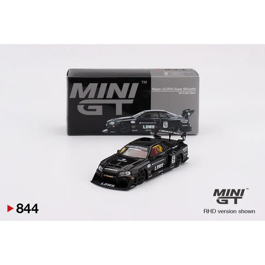 MINIGT 1:64 Nissan LB-ER34 Super Silhouette Skyline in black from 2024 – MGT00844 die-cast model.