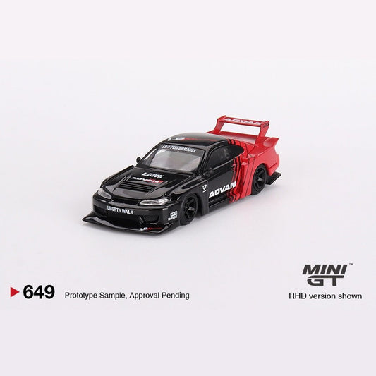 MINIGT 1:64 scale die-cast model of the Nissan Silvia S15 LB-Super Silhouette Black 1999 with Liberty Walk styling.