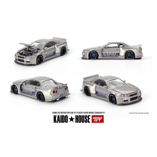 MiniGT 1:64 Nissan Skyline GT-R (R34) Kaido Works Shinjuku V1 1999 die-cast model – #143 KHMG143