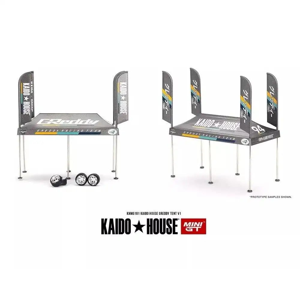 MiniGT Kaido House GReddy V1 Paddock Service Tent Set with Kaido House branding and bonus wheels, scale accessory for die-cast displays.