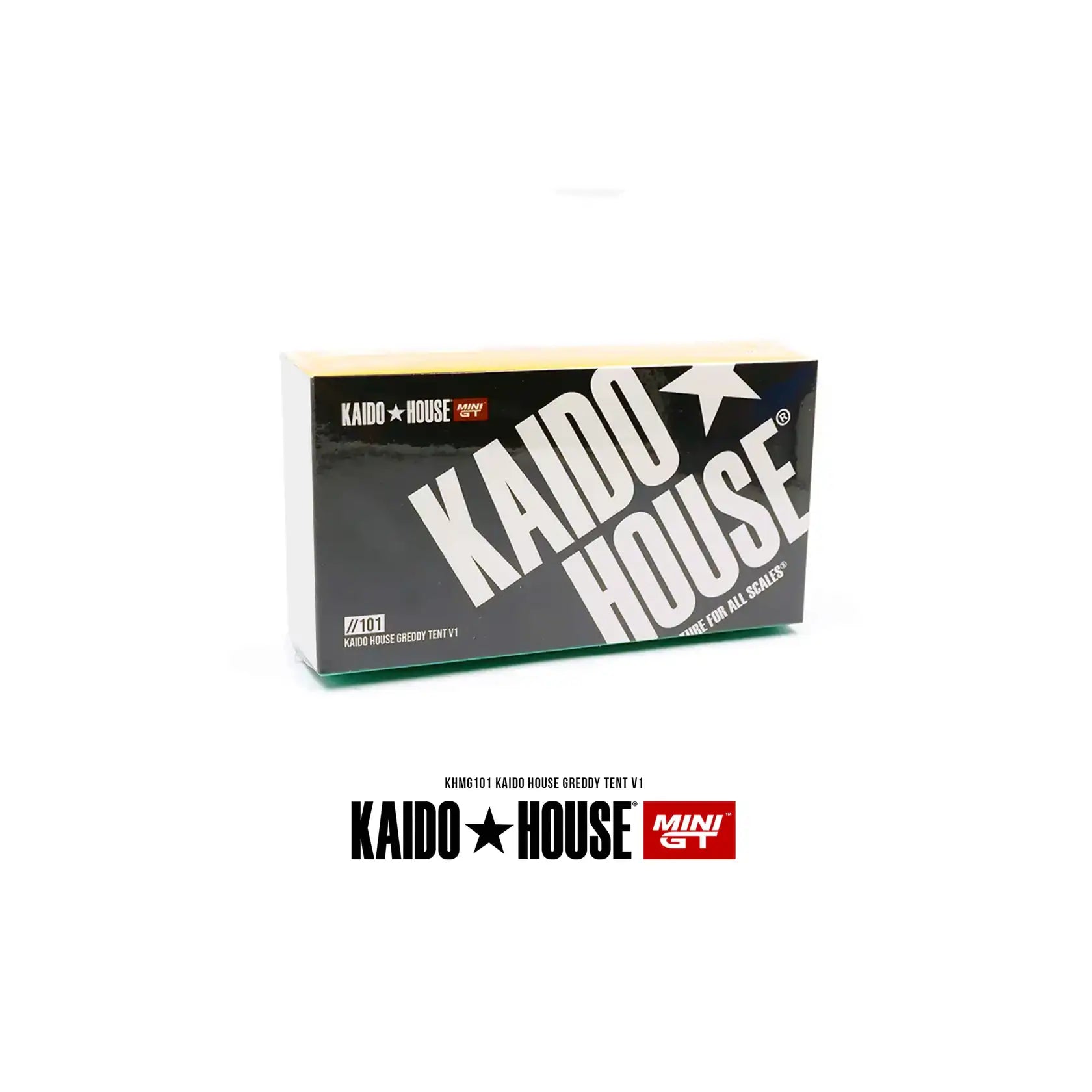 MiniGT Kaido House GReddy V1 Paddock Service Tent Set with Kaido House branding and bonus wheels, scale accessory for die-cast displays.