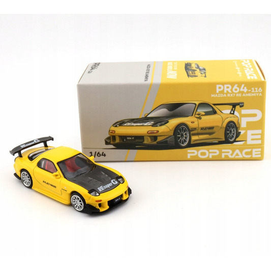 Pop Race 1:64 scale diecast model of Mazda RX-7 RE Amemiya with custom wide-body kit and detailed tuner styling.