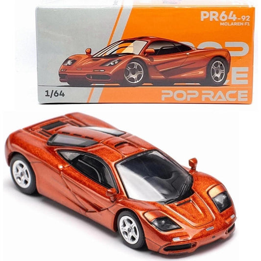 Pop Race 1:64 scale diecast model of McLaren F1 in vibrant orange with detailed supercar styling.