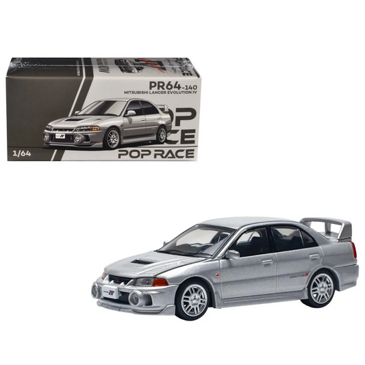 Pop Race 1:64 scale diecast model of Mitsubishi Lancer Evolution IV in silver with authentic JDM rally styling.