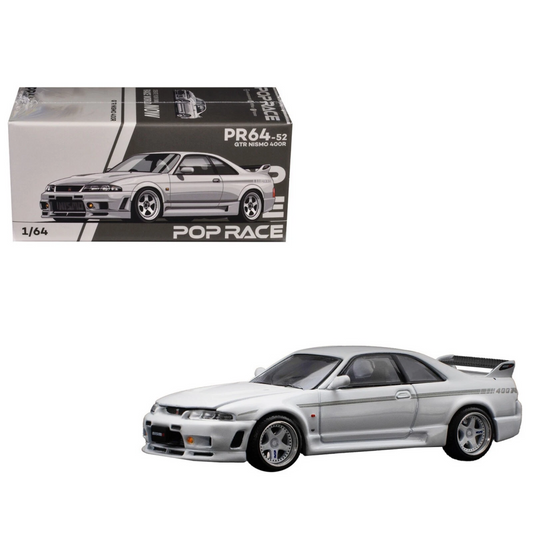 Pop Race 1:64 scale diecast model of Nissan GTR R33 Nismo 400R in white with authentic Nismo detailing.