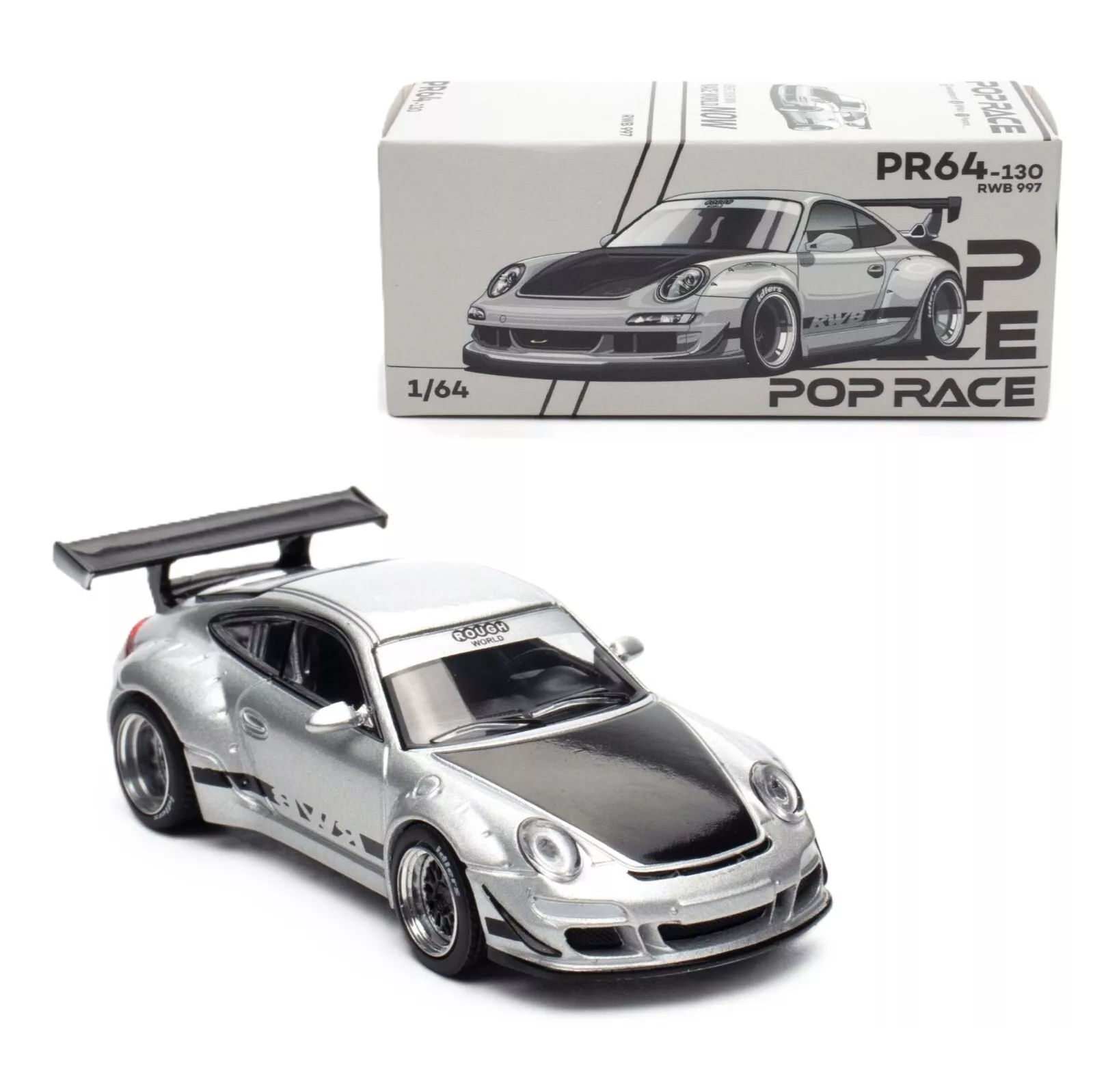 Pop Race 1:64 scale diecast model of Porsche 911 RWB 997 in silver with wide-body RWB styling.