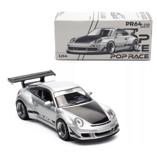 Pop Race 1:64 scale diecast model of Porsche 911 RWB 997 in silver with wide-body RWB styling.