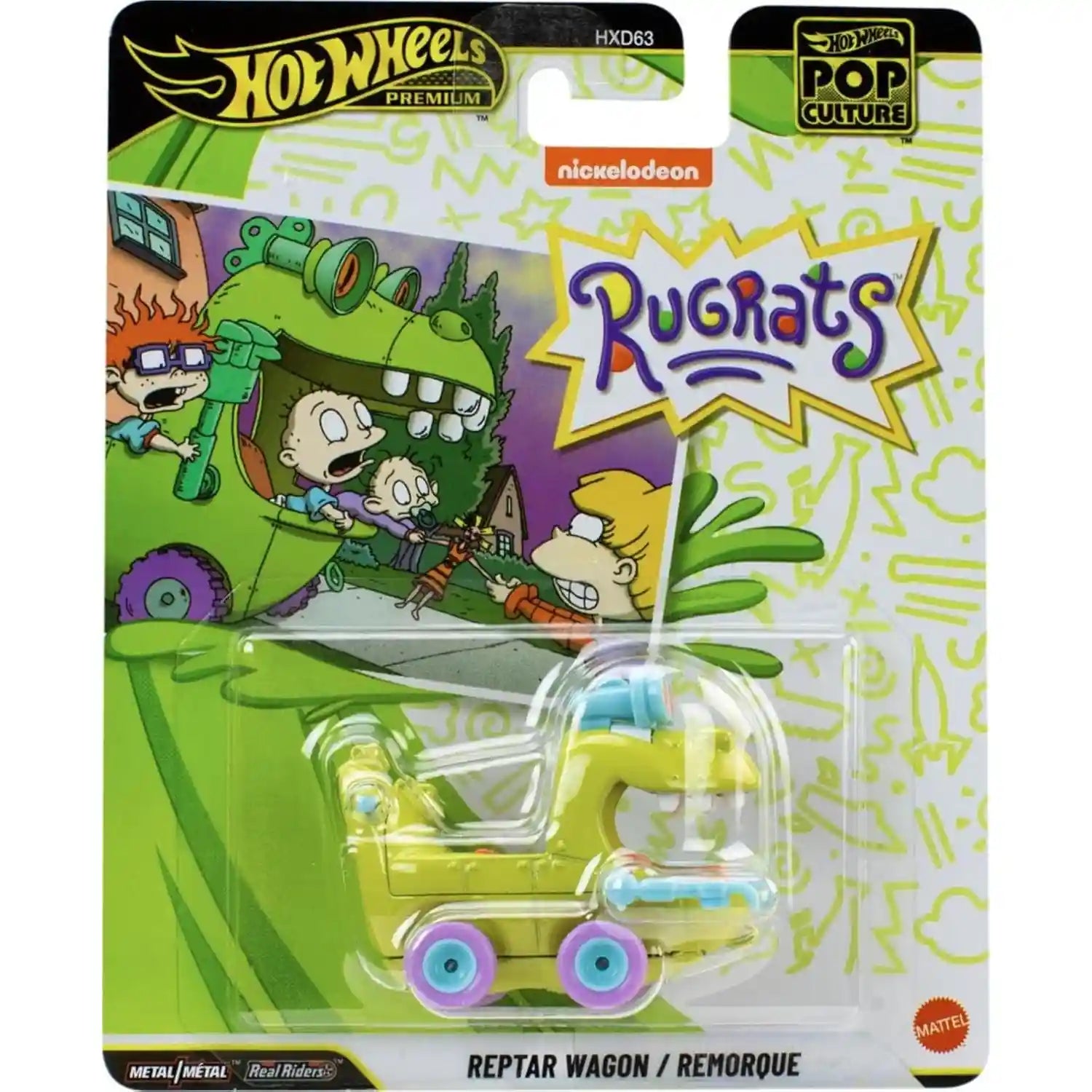 Hot Wheels Pop Culture Reptar Wagon Rugrats Nickelodeon die-cast with Real Riders wheels and green dinosaur design