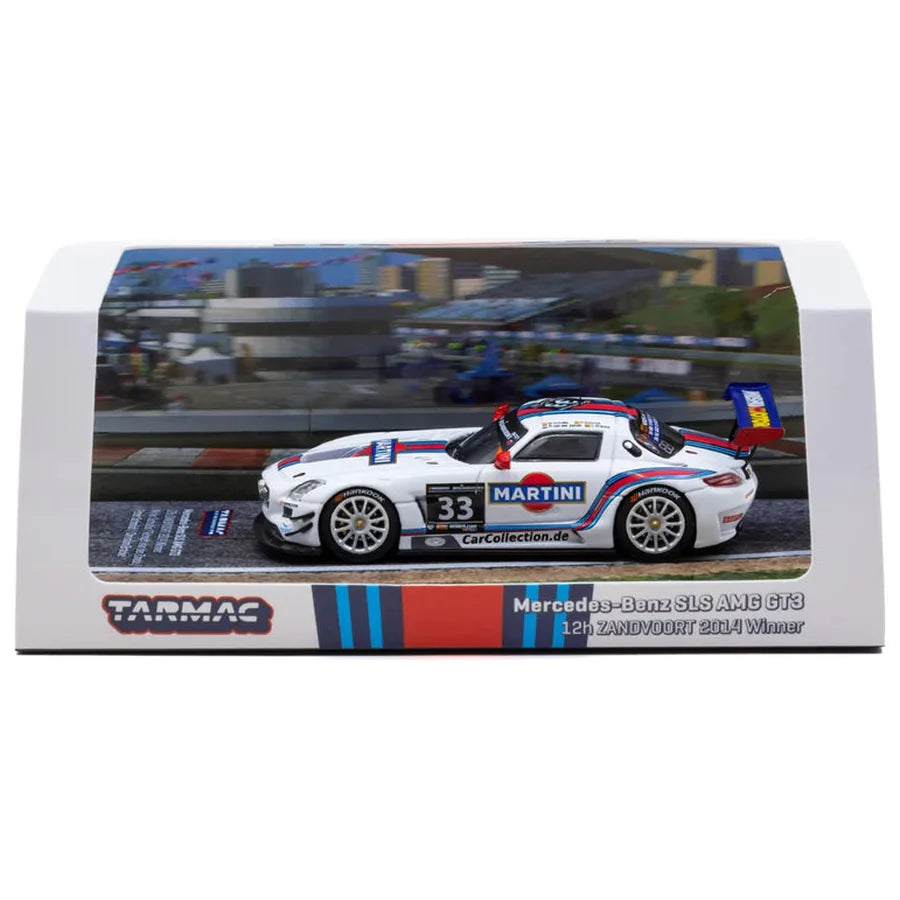 Tarmac Works 1:64 Mercedes-Benz SLS AMG GT3 #33 Martini Racing 2014 Zandvoort winner die-cast model in display packaging