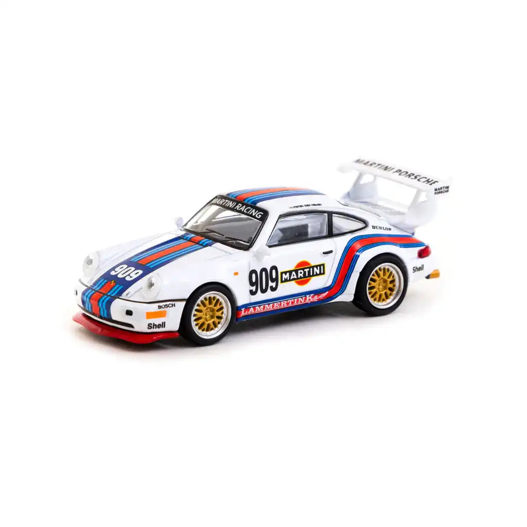 Tarmac Works x Schuco 1:64 Porsche 911 RSR die-cast model in Martini Racing livery with #909 and sponsor decals.