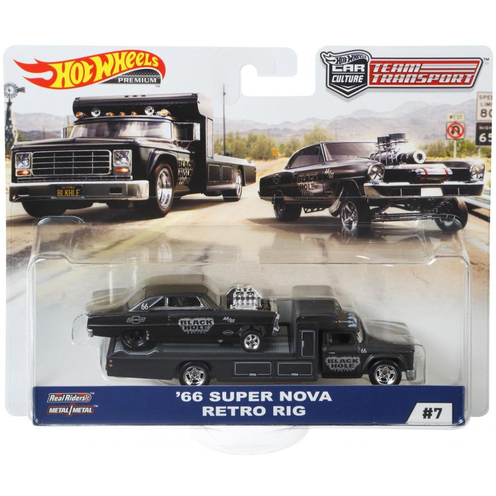 Hot Wheels 1:64 scale Team Transport #7 FYT09 FLF56 die-cast model of the '66 Super Nova and Retro Rig transport truck with authentic drag racing livery.