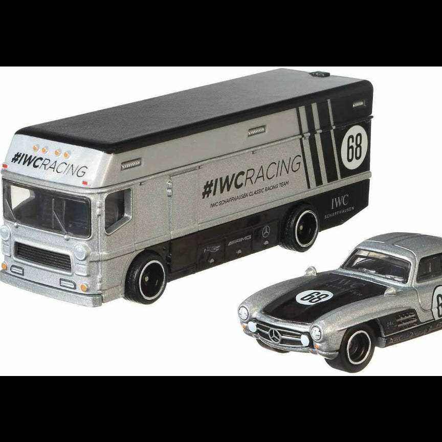 Hot Wheels Team Transport Mercedes-Benz 300 SL and Euro Hauler IWC Racing #21 FLF56 premium die-cast set.