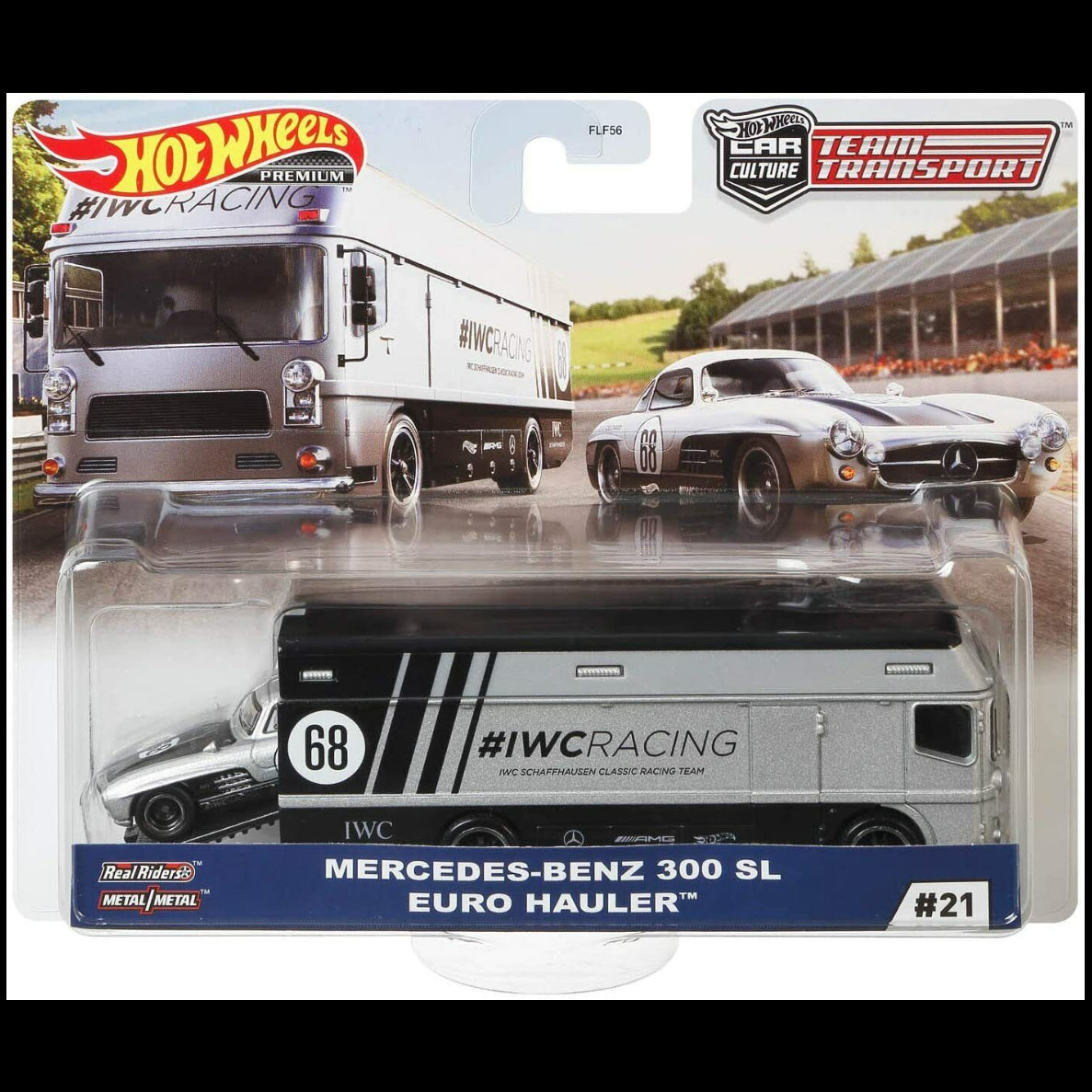 Hot Wheels Team Transport Mercedes-Benz 300 SL and Euro Hauler IWC Racing #21 FLF56 premium die-cast set.