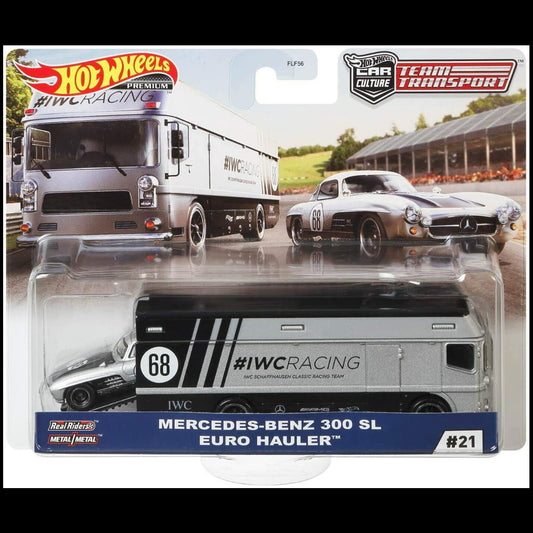 Hot Wheels Team Transport Mercedes-Benz 300 SL and Euro Hauler IWC Racing #21 FLF56 premium die-cast set.