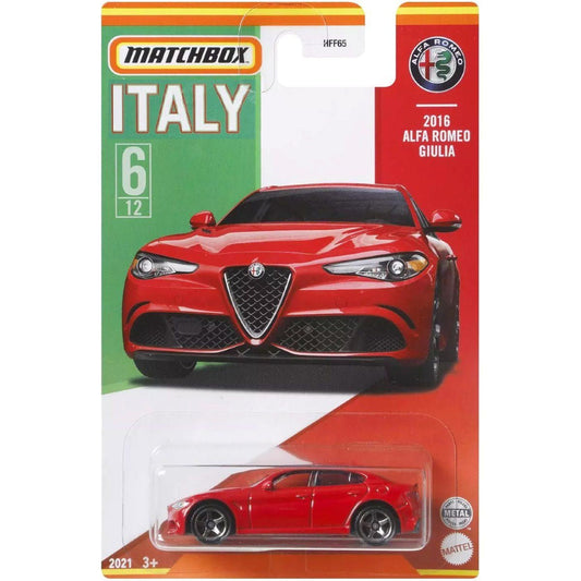 Matchbox Alfa Romeo Giulia HFF65 die-cast model from the Stars of Italy series numbered 6 of 12.
