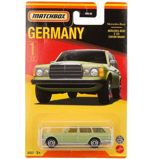 Matchbox Mercedes-Benz S 123 Station Wagon die-cast model from the Stars of Germany series, 1/12, GWL49 979C, 2023.