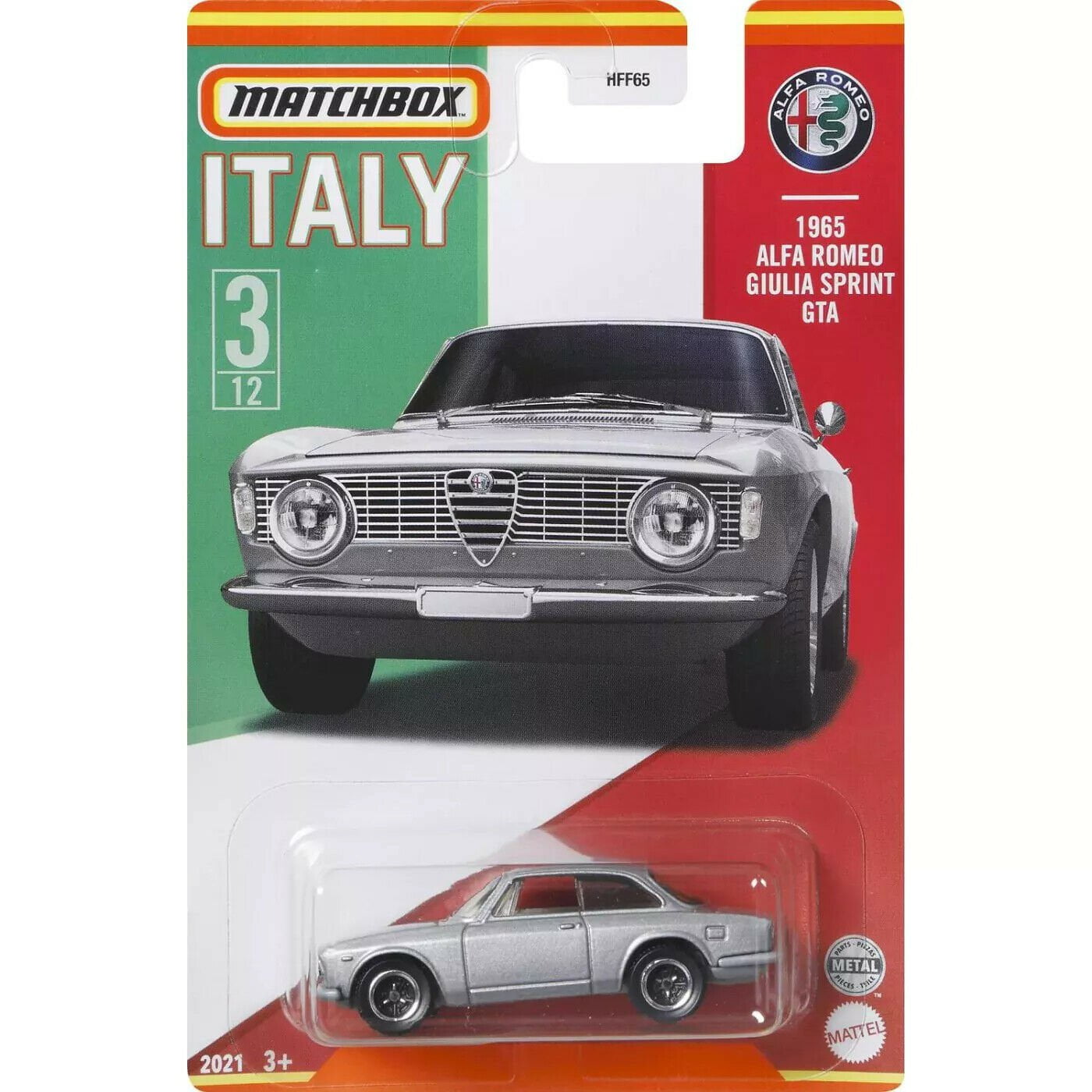 Matchbox Stars of Italy 1965 Alfa Romeo Giulia Sprint GTA HFF65 die-cast model numbered 3 of 12.